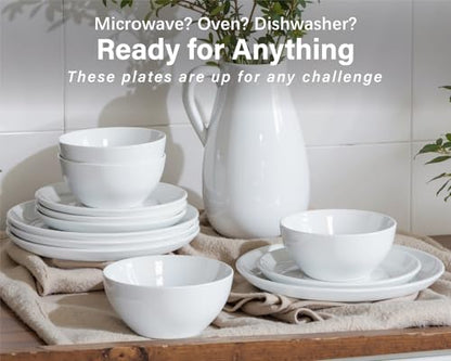 ONEMORE Plates and Bowls Set 12 Pcs,Stoneware Dinnerware Sets for 4 Microwavable,Oven & Dishwasher Safe Porcelain,Scratch Resistant Dishes Set,White - color: White