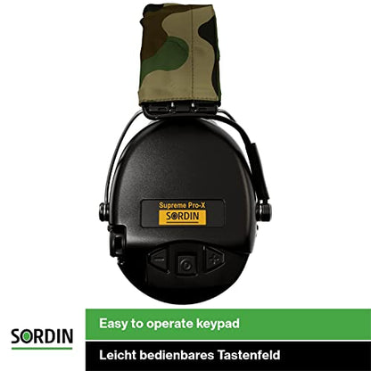 Sordin Pro-X Ear Muffs - Active and Electronic Ear Defenders w/Camo Headband - Gel Pads - Earmuffs for Hunting & Shooting - color: Black