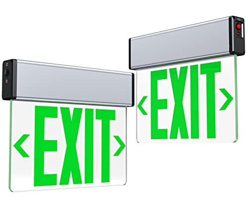 Green LED Edge Lit Exit Sign Brushed Aluminum Housing, UL Listed Emergency Exit Signs Single Sided Clear Acrylic with Battery Backup, AC 120-347V Hardwired Exit Lights, Top/Side/Wall Mount (2 Pack) - color: Single Sided Green, size: 2 Pack