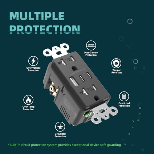 TOPELER Black USB Wall Charger Outlets, 6.0A/30W Wall Receptacle w/USB-C&A - color: Black, size: 20A