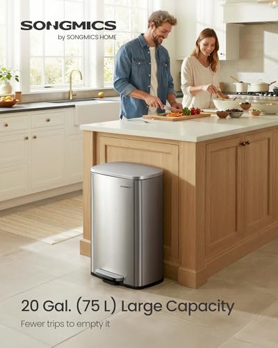 SONGMICS 20 Gallon (75 L) Trash Can, Stainless Steel, Step-On Pedal - color: Silver, size: 20 Gal.