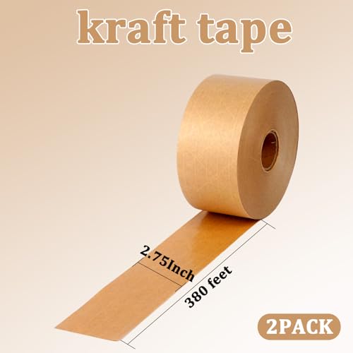 Water-Activated Kraft Paper Reinforced Tape, 2-Pack, 2.75 inches x 380 feet,Total Length 760 feet, for Heavy-Duty Secure Packaging and Shipping, Environmentally Friendly and Biodegradable