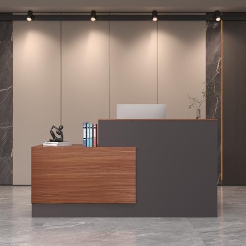 L-Shaped Reception Desk with Lockable Drawers, Adjustable File Cabinet & Keyboard Tray, Modern Front Counter for Office, Salon, or Lobby (Right-L Walnut/Slate Gray, 70.9''L x 23.6''W x 41.3''H) - color: Right-l Walnut/Slate Gray, size: 70.9''L x 23.6''W x