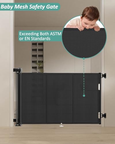 Miumoon 71 inch Reinforced Retractable Baby Gates 34 inch Tall - color: Black, size: 34" Tall x 71" Wide