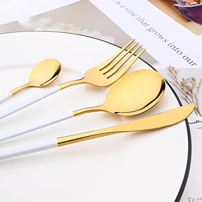 Mirror Cutlery Serving Set, 24-piece 18/0 Stainless Steel Silverware With White Handle Simple & Modern Tableware For Home Party Restaurant Christmas Dinner, Service For 6 (White Gold) - color: White gold