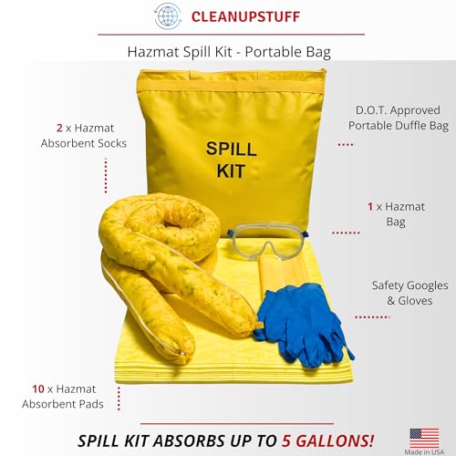 Spill Kit - Hazmat Absorbents - Portable Bag Spill Kit - Spill Pads & Absorbent Socks for Water, Oil Spill Clean Up & More - Absorb 5 Gallons of Any Fluid (Made in USA)