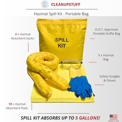 Spill Kit - Hazmat Absorbents - Portable Bag Spill Kit - Spill Pads & Absorbent Socks for Water, Oil Spill Clean Up & More - Absorb 5 Gallons of Any Fluid (Made in USA)