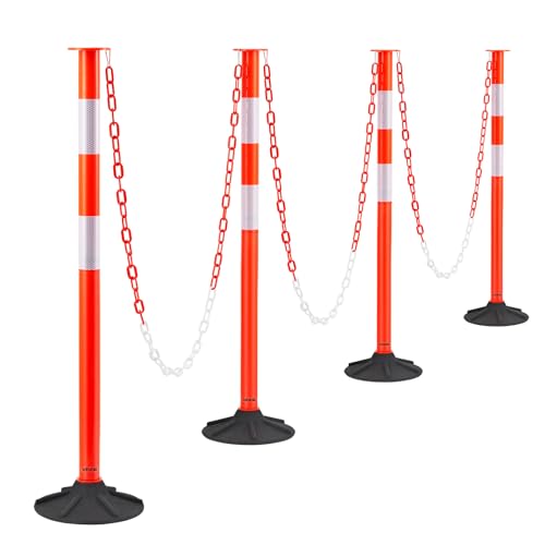 VEVOR 4 Pack Traffic Delineator Posts, 34 in Traffic Safety Cones with Weighted Base, Reflective Strips and Chain, Heavy Duty Delineator Posts for Construction Site, Parking Lot, Crowd Control, Red - size: 4 Pack