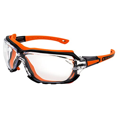 Birdz Gasket Motorcycle Riding & Sports Safety Glasses ANSI z87.1 Rated Black w/Orange Gasket Frame & Clear Lenses