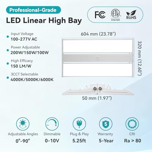 LED Linear High Bay Light 2FT 2 Pack 200W, 30000LM, 0-10V Dimmable