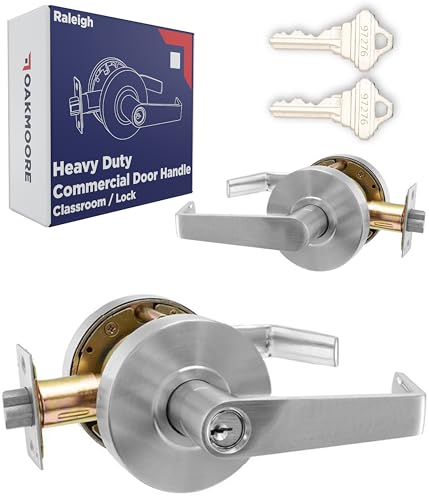 OAKMOORE Premium Commercial Door Handle Grade 2 (Classroom) Heavy Duty Lockset Keyed – Schools Offices Industrial Standard – Grade 2 UL CUL and ADA – Nickel Chrome Finish – ANSI A156.2 - size: Classroom (Key/Schools)