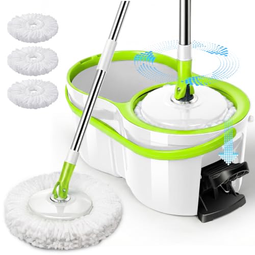 Masthome 360° Spin Mop Bucket 3 Microfiber Pads for Hardwood Floors - color: White