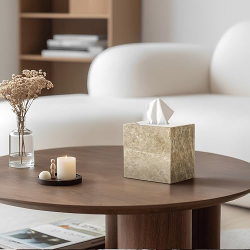 Natural Marble Tissue Box Holder Cover with Open Bottom - color: Light Brown