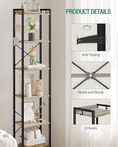 Hzuaneri Bookshelf, Book Shelf, Industrial Bookcase with 2 Hooks, - color: Greige, size: 9.4"D x 15.4"W x 72.8"H