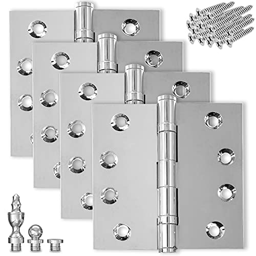 Solid Brass Chrome Door Hinge Heavy Duty Ball Bearing Shiny Silver 4x4 Inch with Decorative Screw-on Tips Included - Set of 24 Hinges (Polished Chrome) - color: Polished Chrome