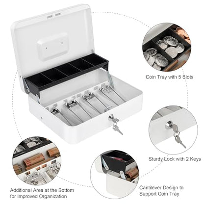 Sumerfnt Cash Box with Lock and Money Tray Money Box for Cash, Metal Lock Box for Money Cash Register - 11.8" x 9.4" x 3.54" White - color: White