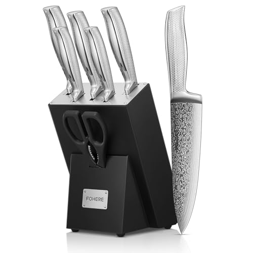 Knife Set, FOHERE 7 Pieces Kitchen Knife Set with Built-in 5 x Sharpeners, Waved Texture Knife Set with Block, Stainless Steel Knife Block Set, Sharp Knives Set with Ergonomic Handle - size: 7