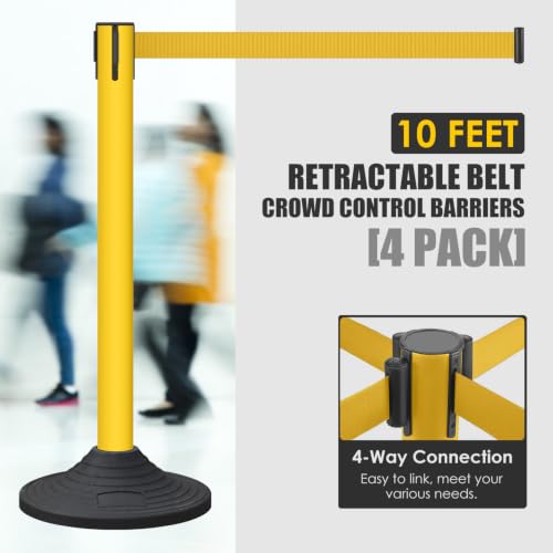 Crowd Control Stanchion Set, 4Pcs 10-Foot Retractable Belt Posts - color: Yellow