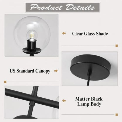 KCO 6-Light Black Linear Sputnik Chandelier Clear Glass Globe Pendant Light - color: Black+Clear