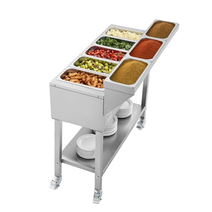 VEVOR Commercial Propane Steam Table, 5 Food Pans & 3 Condiment Pans, LP Gas Outdoor Soup Warmer with Drain Valve and 3" Wheels, Stainless Steel Propane Food Warmer with Adjustable Temp for Outdoor - size: 5×1/3 Pan;40QT