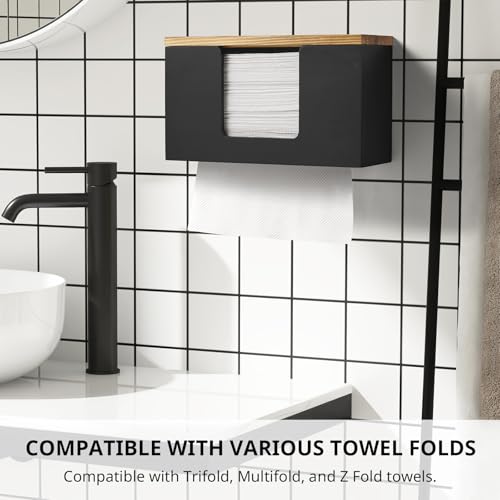 Paper Towel Dispenser Wall Mount, Wooden Bathroom Paper Towel Holder with Lid for Home and Commercial, C-Fold, Z-Fold, Trifold Paper Hand Towel Dispenser for Bathroom Kitchen Restroom, Black
