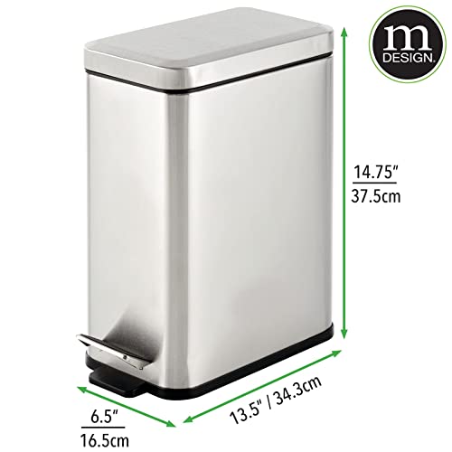 mDesign Pedal Bin — Waste Bin with Pedal, Lid and Plastic Bucket Insert for Bathroom, Kitchen, and Office — Metal Household Rubbish Bin with Ergonomic Design — Brushed Silver - color: Brushed, size: 2.6 Gallon