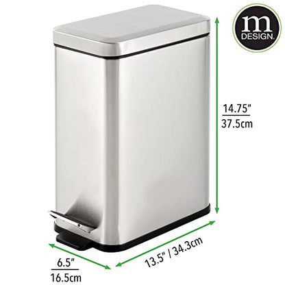 mDesign Pedal Bin — Waste Bin with Pedal, Lid and Plastic Bucket Insert for Bathroom, Kitchen, and Office — Metal Household Rubbish Bin with Ergonomic Design — Brushed Silver - color: Brushed, size: 2.6 Gallon