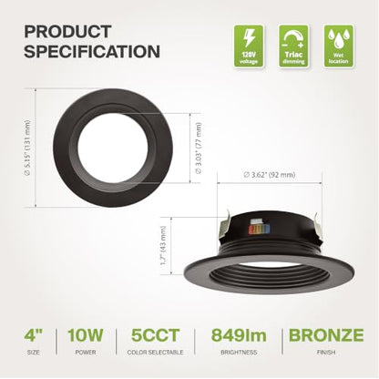 ASD 12 Pack Bronze 4 Inch Retrofit LED Recessed Light, 5CCT Wafer Lights - color: Bronze, size: 12 Pack