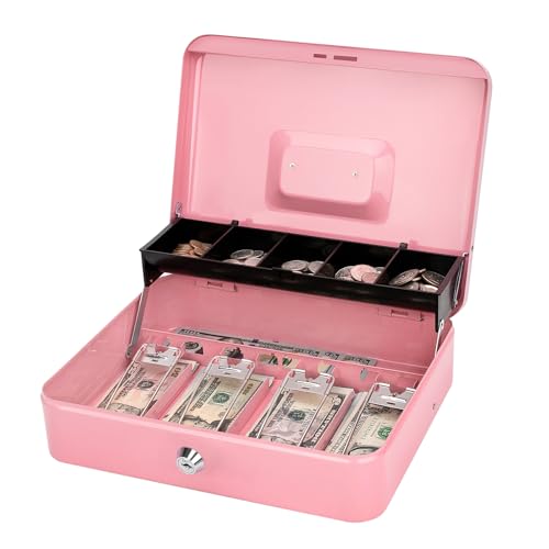 Jssmst Metal Cash Box with Money Tray and Lock, Portable Cash Drawer, 11.8" - color: Pink Key