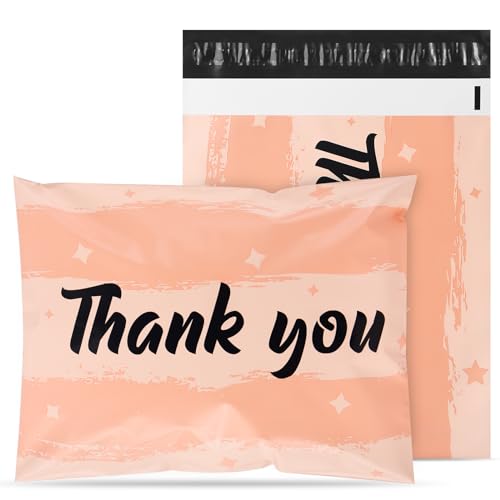 10x13 Inch Poly Mailers, Peach Pink Thank You, 100 Pack Self Sealing - color: Pink Thank You
