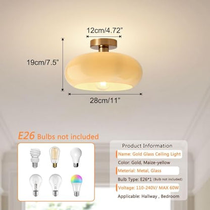 Gold Brass Flush Mount Ceiling Light Fixtures Mid Century Modern Ceiling Lights Brushed Milk Yellow Shade Glass Semi Flush Mount Light for Farmhouse Hallway Kitchen Sink Ceiling Lamp - color: Flush-Milk Yellow 2