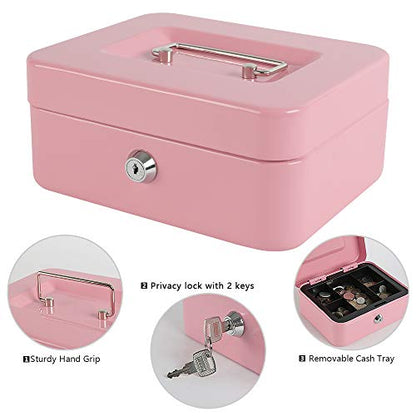 xydled Medium Cash Box with Lock, Metal Money Box, Steel Money Box, Pink - color: Pink, size: Medium