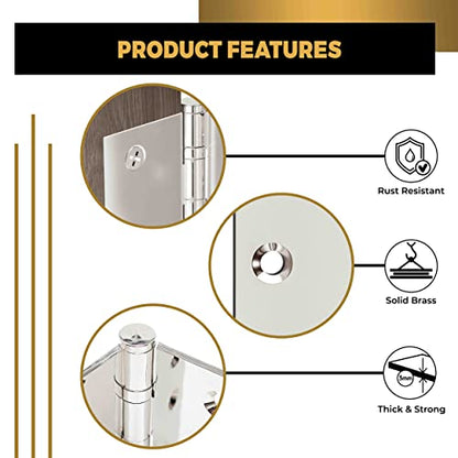 Solid Brass Door Hinge Heavy Duty Ball Bearing Shiny Silver 4x4 Inch - Set of 3 Hinges (Polished Nickel) - color: Polished Nickel