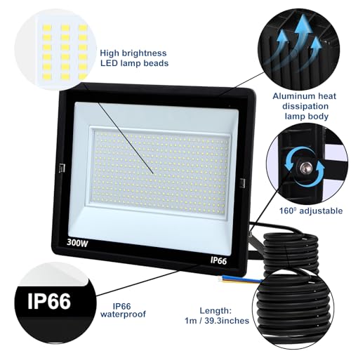 300W LED Flood Light Outdoor,Plug in Floodlight with ON/Off Switch High Power Commercial Work Light IP66 Waterproof Security Stadium Lights for Parking Lots Backyard Court Garden