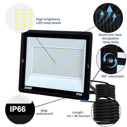 300W LED Flood Light Outdoor,Plug in Floodlight with ON/Off Switch High Power Commercial Work Light IP66 Waterproof Security Stadium Lights for Parking Lots Backyard Court Garden