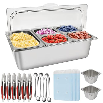 Pizza Topping Station 7 Pans Stainless Steel Salad Bar for Home - color: Silver, size: 7 Pans