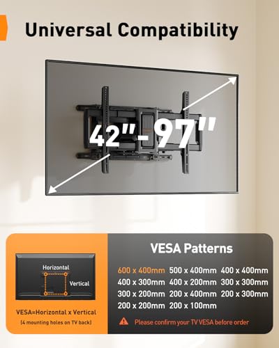 Perlegear Full Motion TV Wall Mount for 42–97 inch TVs up to 132 lbs - size: Fits 42-97" TVs / Max 24" Wood Stud