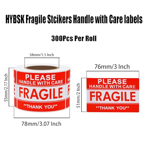 Hybsk Please Handle with Care Fragile Stickers Warning Labels for Shipping Packing Thank You Total 300 Labels Per Roll (2x3 Inch) - size: 2x3 Inch