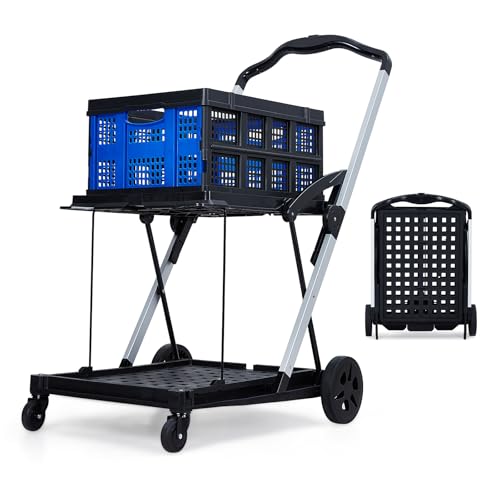 2 Tier Folding Shopping Carts for Groceries, 198 LB Capacity, Collapsible Portable Grocery Cart with Wheels & Removable Crate, Lightweight Foldable Shopping Trolley for Mall Market, Blue - color: Blue