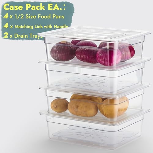 CURTA 4-Pack 1/2 Size 4" Deep NSF Polycarbonate Food Pans with Handled Lids & Drain Trays | Dishwasher & Freezer Safe Clear Container for Prep Tables, Buffet, Salad Bar, Commercial & Home Kitchen - color: 1/2 Size, size: 4" Deep Pan with Lid