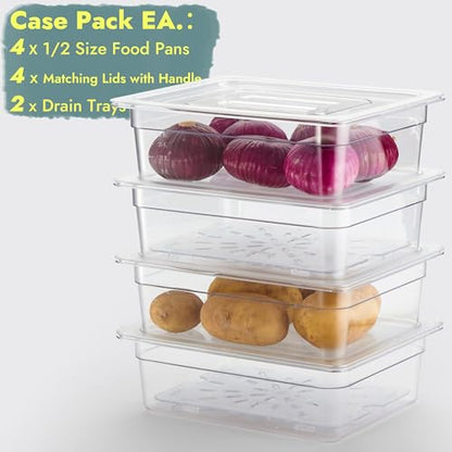 CURTA 4-Pack 1/2 Size 4" Deep NSF Polycarbonate Food Pans with Handled Lids & Drain Trays | Dishwasher & Freezer Safe Clear Container for Prep Tables, Buffet, Salad Bar, Commercial & Home Kitchen - color: 1/2 Size, size: 4" Deep Pan with Lid