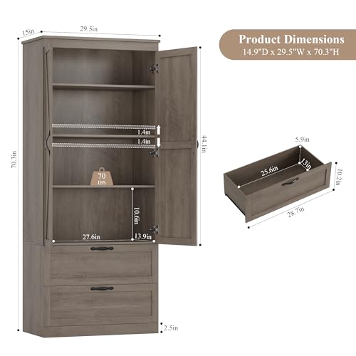 HOSTACK 70" Kitchen Pantry Storage Cabinet, Farmhouse Pantry Cabinet, Grey - color: Ash Grey