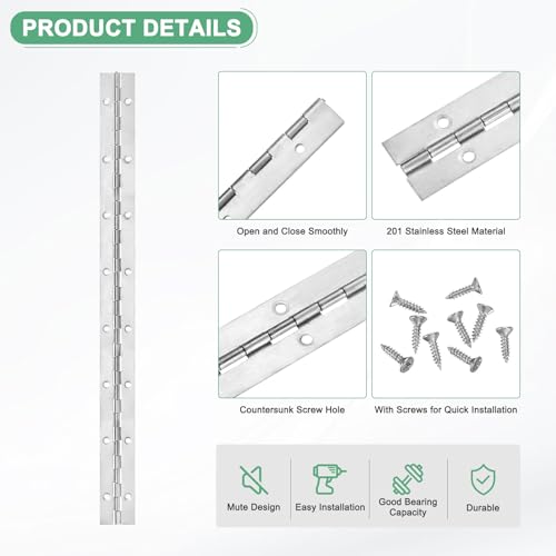 M METERXITY 2-Pack Piano Hinges, 16 Inch / 400mm Stainless Steel Continuous Piano Hinge with Holes and Screws for Cabinets Door/Storage Box [1.2X 0.04/ 30x 1mm Open Width Thick, Silver Tone] - color: Silver Tone, size: 16x1.2x0.04"
