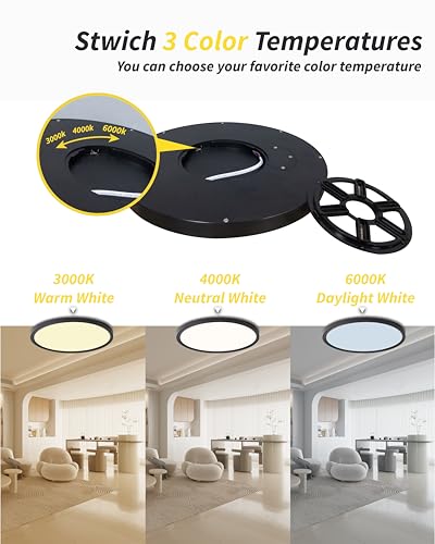 6pack 12 Inch Flush Mount Ceiling Light, 24w Led Ceiling Light, 3000k/4000k/6000k Selectable 2520lm Ceiling Lights, Super Slim Led Light Fixture For Bedroom Kitchen Living Dining Room Office (Black) - color: Black, size: Standard-12Inch-6Pack
