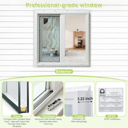 3.22" Thickness 23.5" x 23.5" Vinyl Sliding Basement Window,Low-E Glass with Argon Gas,Double-Pane Insulated Tempered Clear Glass,Half Screen Included,White - size: 23.5"x23.5"
