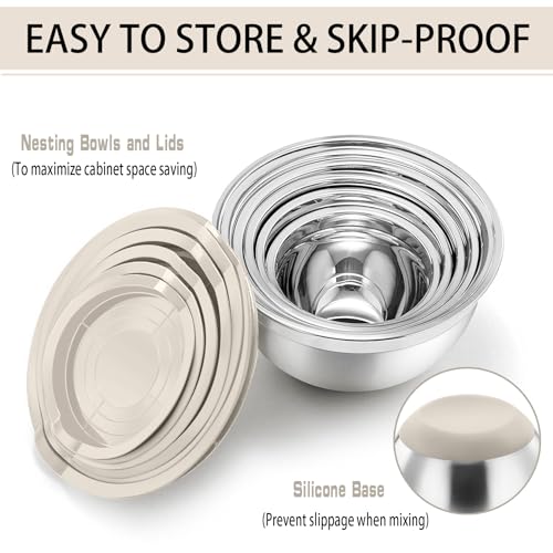 P&P CHEF Stainless Steel Mixing Bowls With Lids, Set of 6, Khaki - color: Khaki