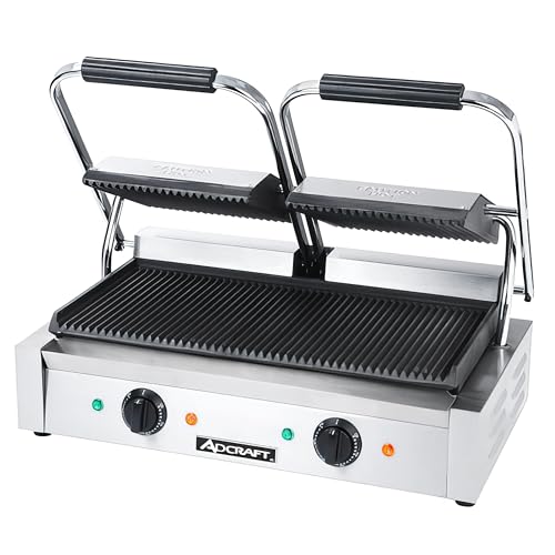 Adcraft Double Sandwich Grill with Dual Grooved Cast Iron Plates, Large 19" x 9.25" Cooking Surface, Adjustable Thermostat (120°-570°F), and Durable Stainless Steel Construction, Silver