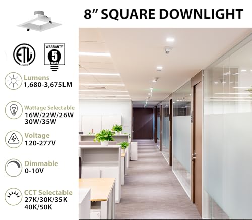 WareLight 8" LED Square Commercial Downlight, 3675 Lumen Max, Wattage & CCT Selectable, 120-277V - size: Square - 8 Inches