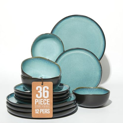 Pokini Stoneware Dinnerware Sets for 12, 36Pcs Ceramic Plates and Bowls Set - color: Green Black, size: Set (36pcs)