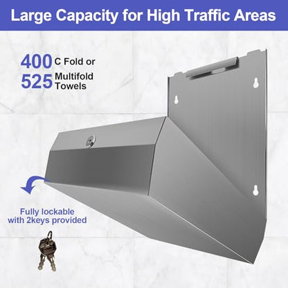 Stardrix Paper Towel Dispenser Wall Mount, Brushed Stainless Steel Commercial Paper Towel Holder with Lock, Large Capacity 400 C Fold/525 Multifold Towels - color: Brushed, size: 400 C Fold/525 Multi-Fold with Lock